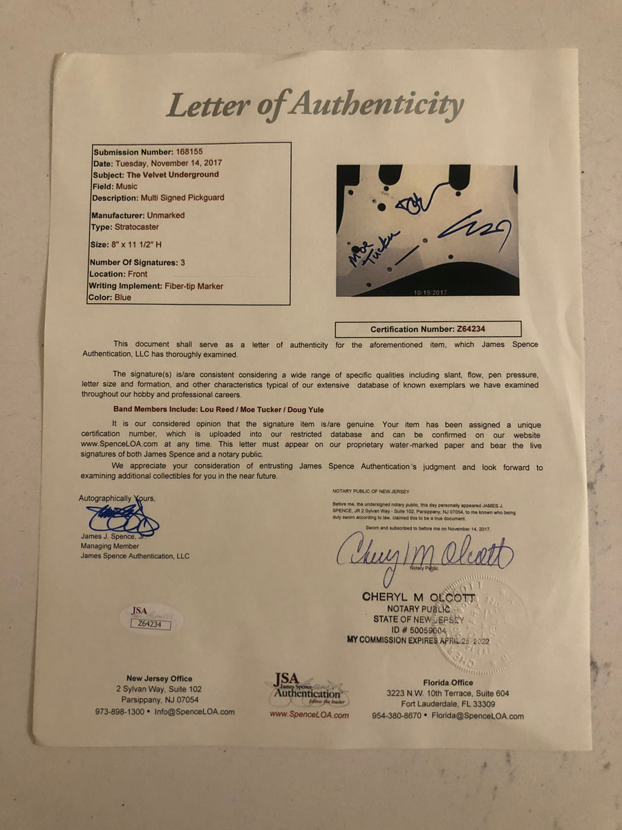 VELVET UNDERGROUND Autograph Signed Guitar Pickguard X 3 LOU REED JSA Authentication