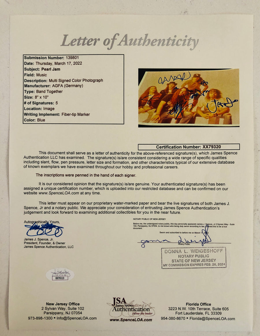 PEARL JAM Signed Autograph Group 8 x 10 Photo X 5 Vintage JSA Authentication