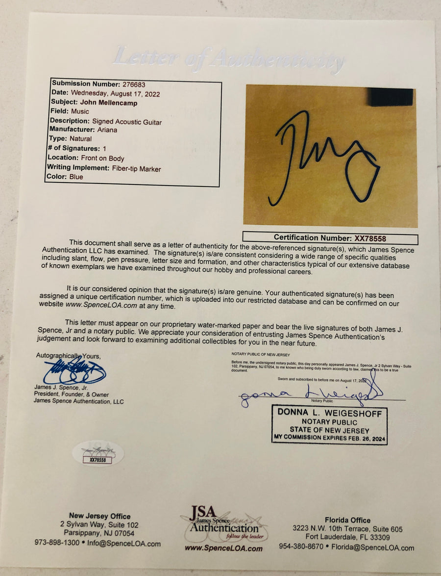 John Mellencamp Signed Autograph Guitar JSA Authentication